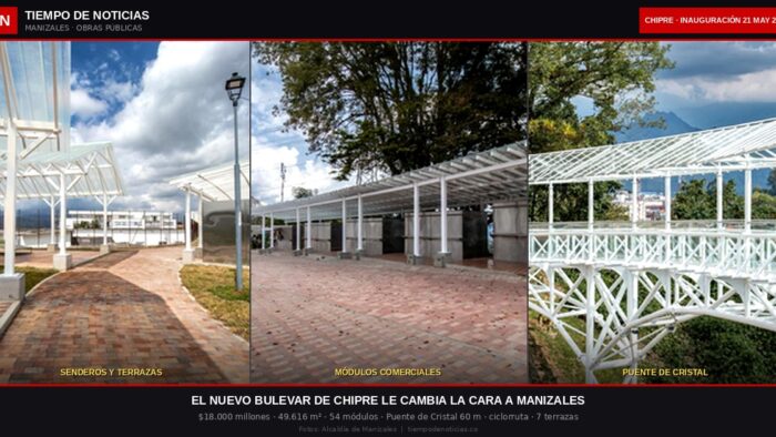 Senderos, módulos comerciales y Puente de Cristal del renovado Bulevar de Chipre en Manizales