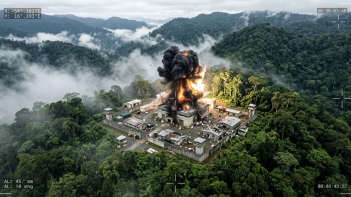 Vista aérea de una gran explosión en un complejo militar rodeado de selva densa, con interfaz de cámara de dron